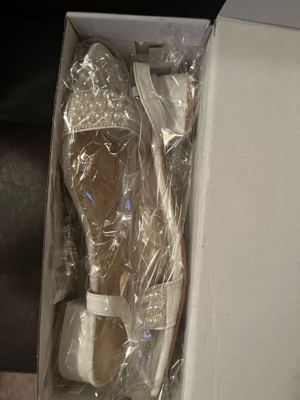 Pearl-Embellished White Flat Sandals